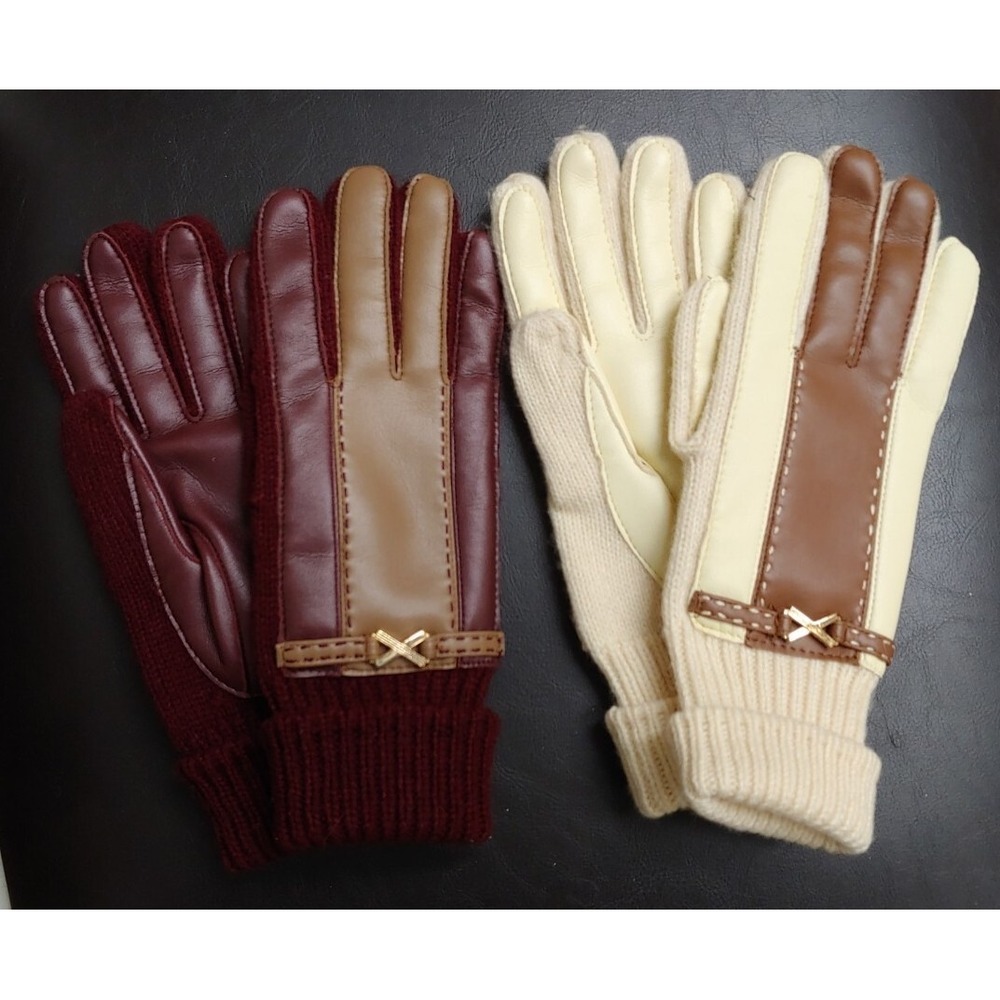 Vintage Womens Aris Knit Gloves 2 Pair One Size Faux Leather Burgundy Red White